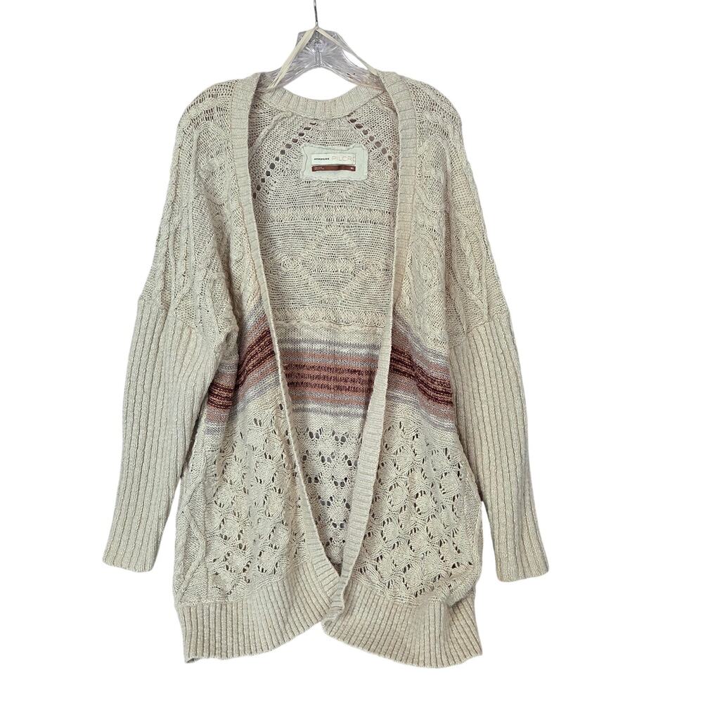 Anthropologie Cream Open-Front Knit Cardigan with Striped Accent